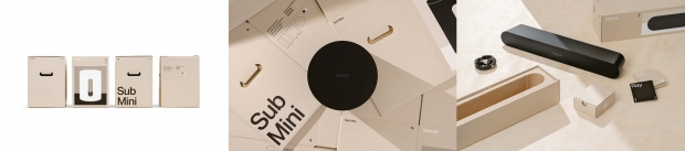 Sonos Sub Mini and Sonos Ray音箱
設計：Michelle C. Enright, Jeremy Etchison, ShiShi Khondker Hossain, Emily Ghizzoni（Sonos Inc.內部設計團隊，美國）
生產：Sonos Inc.（美國）
得獎原因：包裝可是日本人的強項，但關乎到資源再用，就不同了。得獎的包裝設計 —— 功能方面很明確：產品需要有效的保護，包裝的形式必須滿足物流要求。同時，包裝也是消費者的第一接觸點之一，因此它應該喚起消費者的慾望，並一目了然地提供他們所需要的所有信息。這些參數並不是什麼新鮮事。然而，近年來，可持續性也成為一個越來越重要的因素。對所用材料的徹底分析也是Sonos Sub Mini和Sonos Ray包裝設計的重點。目標是盡可能地放棄塑料套管和鑲嵌物，並用紙板、紙漿和定制牛皮紙代替。這些優質設備的重量提出了特殊的挑戰，Sonos Inc.的團隊將模擬和傳統原型技術相結合，將紙漿推向極限，開發堅固的結構，以最大限度地保護產品，讓單一材料包裝還可以簡單方便地回收利用。